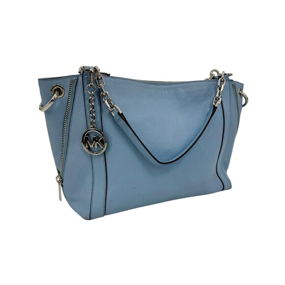 Michael Kors Blue Pebbled Leather Shoulder Bag With Chain Straps & MK Logo Charm - Picture 14 of 16